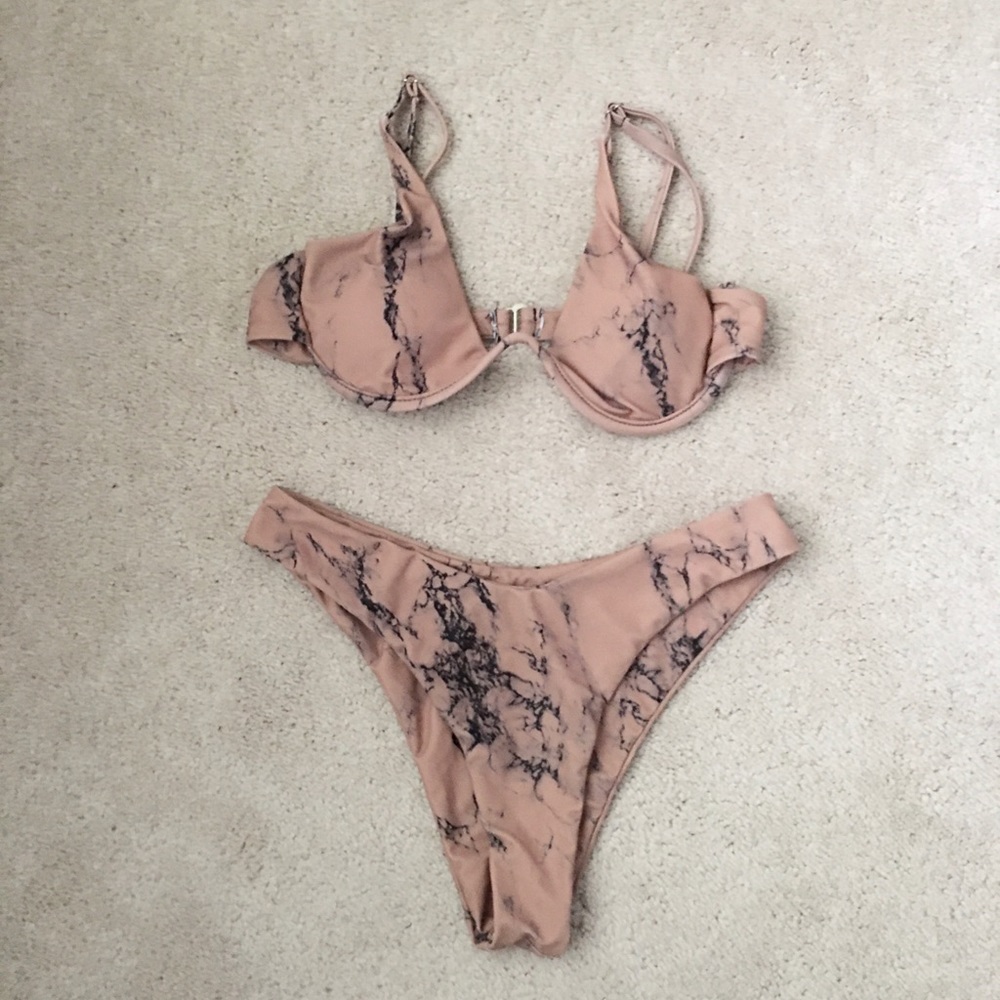 Tan and Black Marble Print High Cut bikini